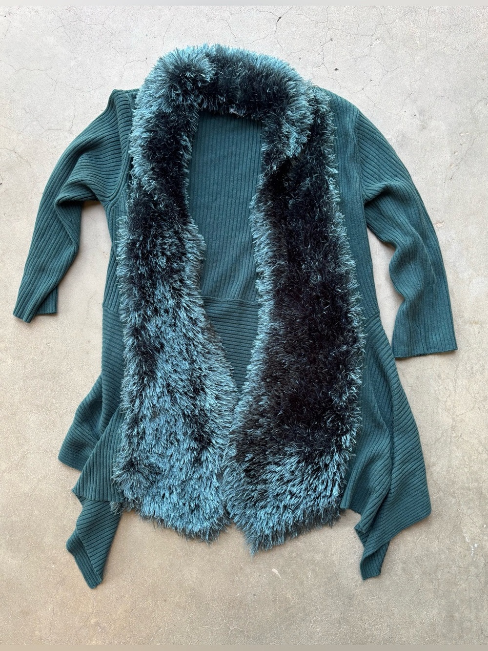 Once Again Dark Green Ribbed Open Cardigan with Faux Fur Trim - Size M